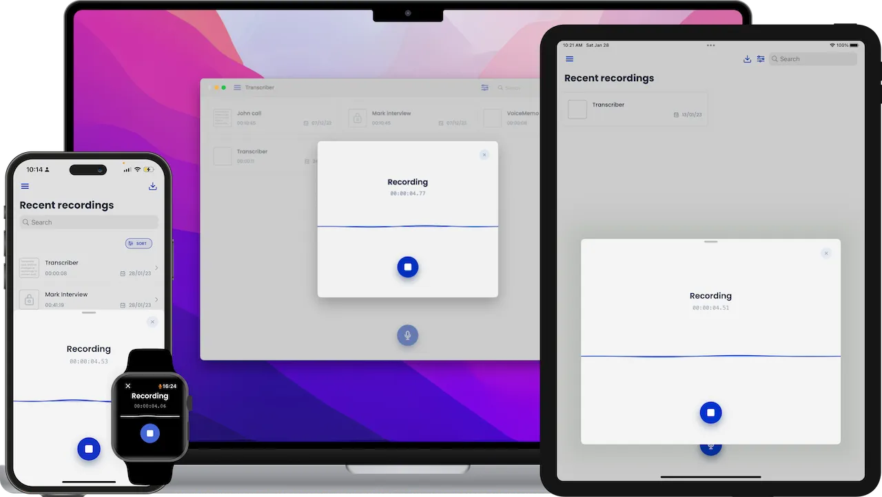Transcriber running on iPhone, iPad, Mac and Apple Watch