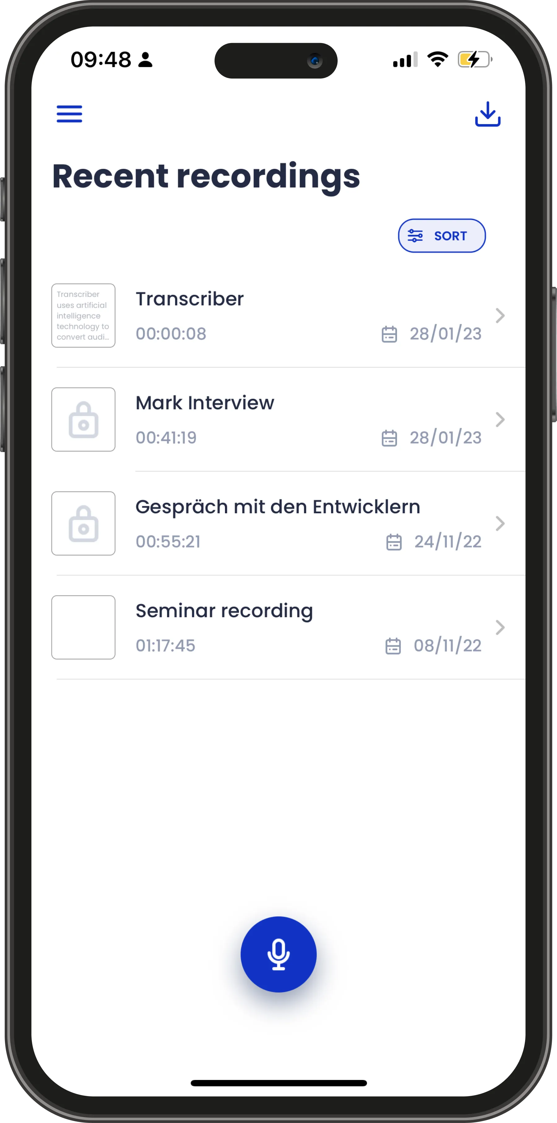 The Transcriber home screen listing saved interviews