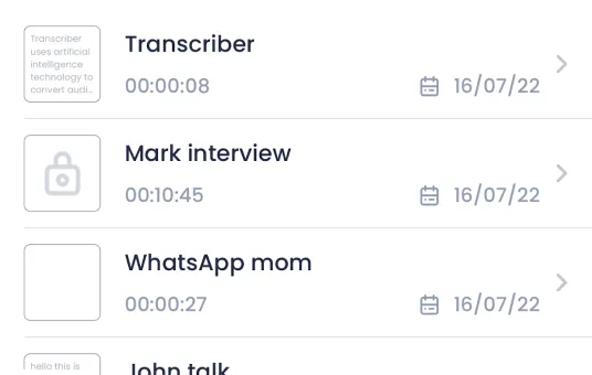 The Transcriber overview listing all saved interviews