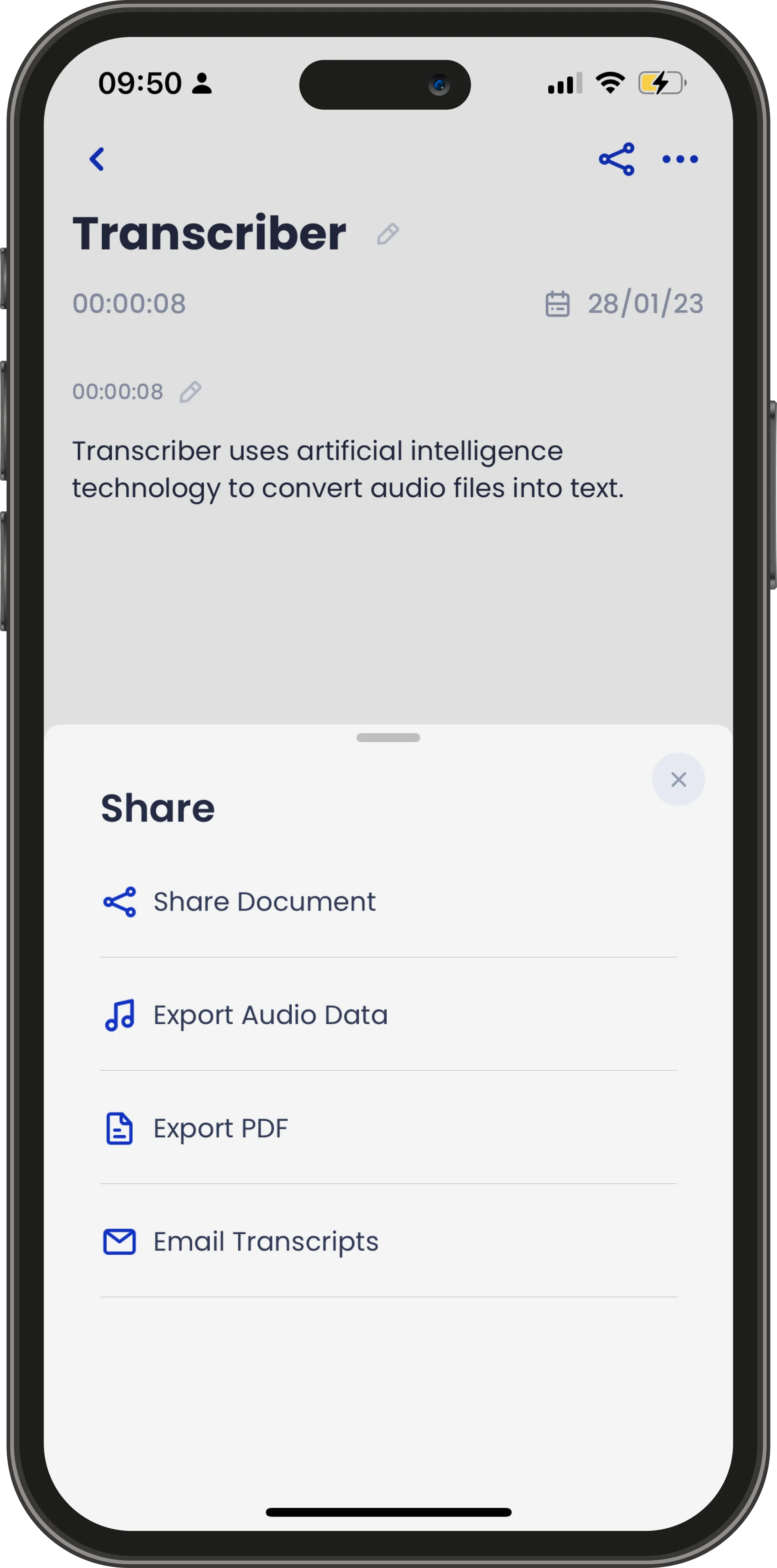 Sharing and export options in Transcriber