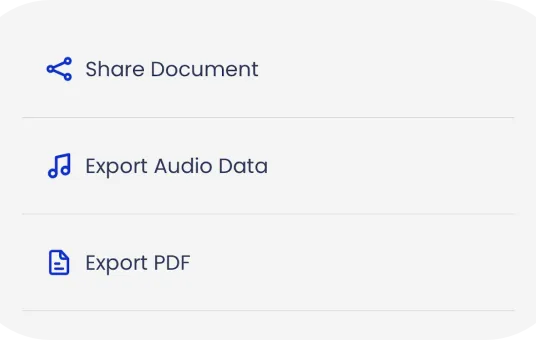 The share sheet with document, audio and PDF export options